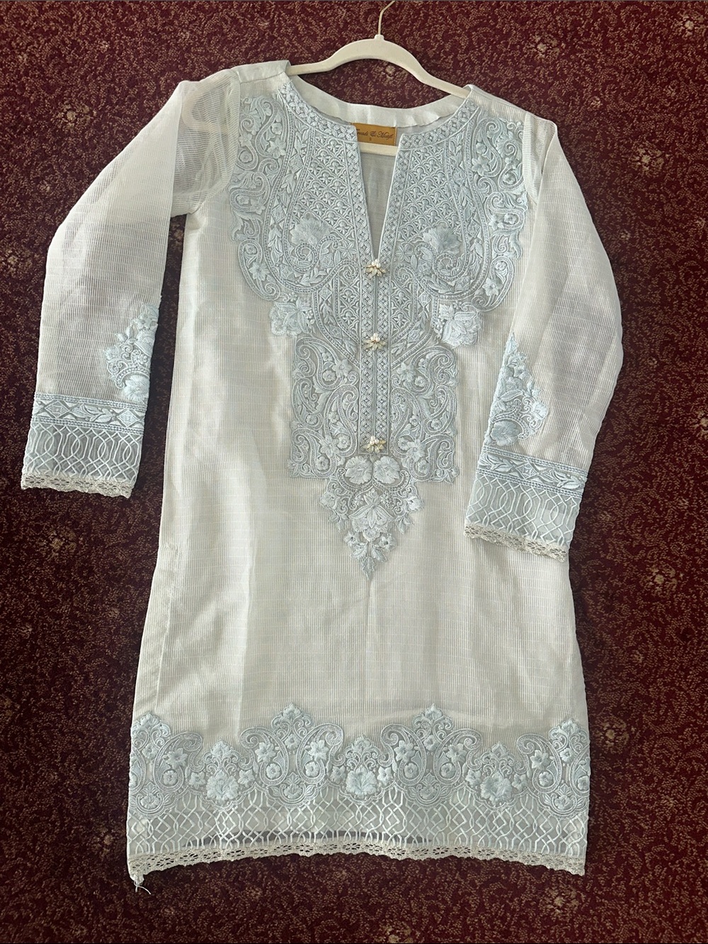 Threads and Motifs Light Blue Embroidered Kurta - Elegant Party kameez- Pakistan